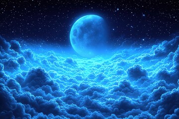 Serene Nightscape Blue Moon Over Luminescent Clouds