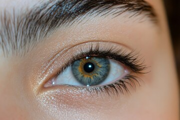 Obraz premium A vivid and close-up photograph showcasing a bright blue eye with a glossy appearance, highlighting the intricate patterns of the iris and the surrounding skin texture.