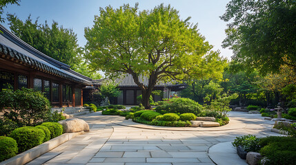 Fototapeta premium A courtyard with a large tree in the center and a small house in the background