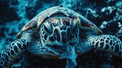 Fototapeta premium Closeup of a sea turtle struggling with a plastic bag wrapped around its neck