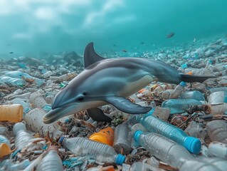 A dolphin swimming through plastic bottles and debris, struggling to escape the entanglement of waste copy space, marine pollution, ethereal, silhouette, ocean surface backdrop