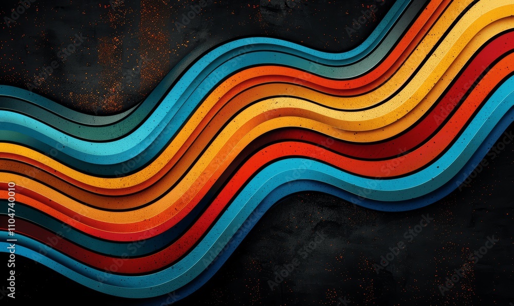 Poster retro groovy vector background for presentations with colorful lines and stripes on black