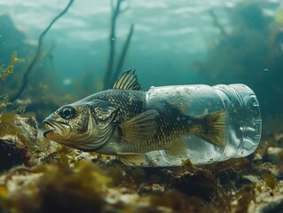 Fototapeta premium A fish trapped inside a floating plastic bottle