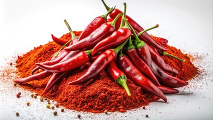 Surreal Composition of Vibrant Red Chili Powder and Whole Pepper Pods Isolated on a White Background for Spice and Flavor Imagery