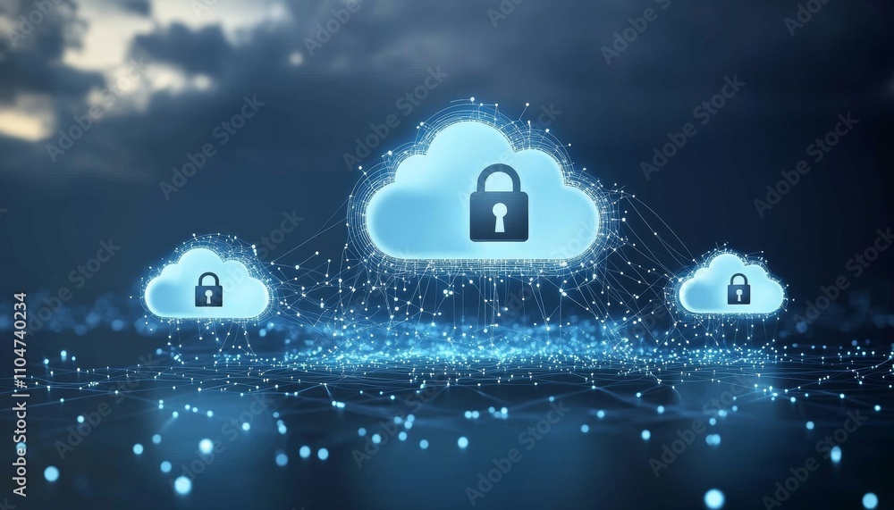 Poster cloud storage security concept with padlocks and connections in blue gradient background