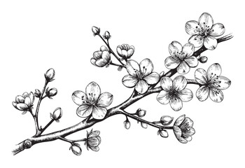 sakura blossom spring flower branch sketch hand dawn drawing vector illustration