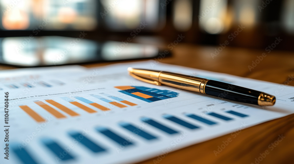 Poster analyzing financial data with graphs and pen on wooden desk