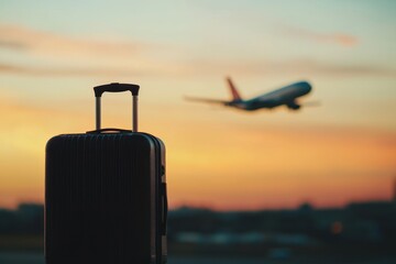 A suitcase stands against a colorful sunset, with an airplane taking off in the background, symbolizing travel and adventure.