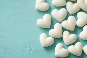 Fototapeta premium A collection of white heart-shaped candies scattered on a turquoise surface, evoking feelings of love and sweetness.