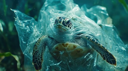 Closeup of a sea turtle struggling with a plastic bag wrapped around its neck