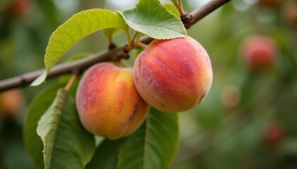  Freshly ripened peaches on a tree branch