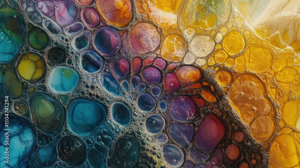 Poster abstract colorful bubbles with a fluid texture, showcasing vibrant hues and intricate patterns.