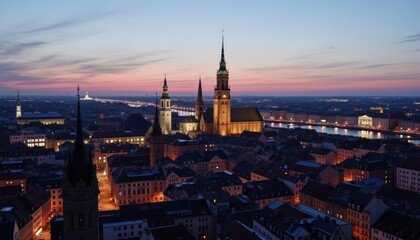 Obraz premium Glowing cityscape at dusk with historic buildings and river