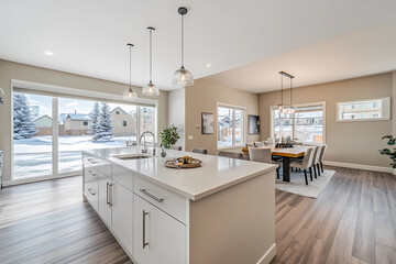 Fototapeta premium Modern kitchen with white cabinets, island, and glass pendant light in the middle of an open-concept room with a dining table