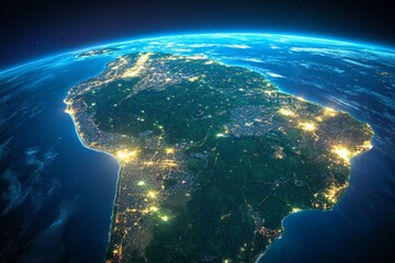 Fototapeta premium The continent of South America is seen from space, its major cities and regions brilliantly lit up, indicating bustling human activity, culture, and development.