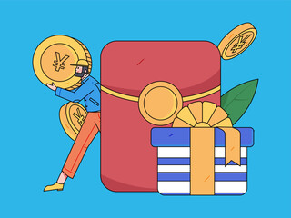Use red envelopes to attract new customers and promote activity. Flat vector character concept illustration
