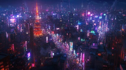 Fototapeta premium A vibrant cityscape illuminated by neon lights at night, showcasing urban energy and life.