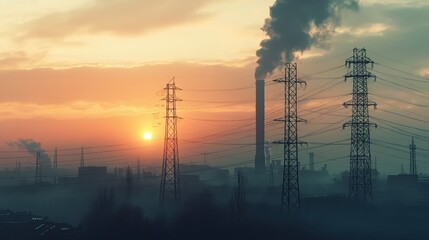 Power Lines Against a Polluted Sky at Sunset