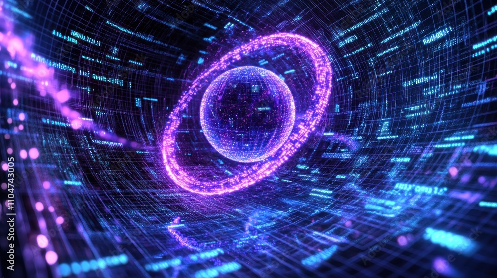 Aufkleber a digital representation of a glowing orb surrounded by data streams and vibrant colors.
