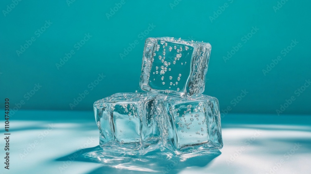 Poster Clear Ice Cubes with Bubbles on Aqua Background for Refreshing Drink