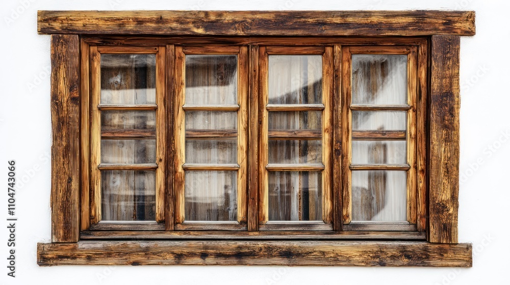 Poster a rustic wooden window with multiple panes, showcasing a charming architectural style.