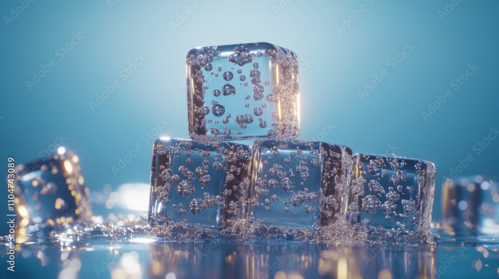 Aufkleber Ice Cubes with Bubbles on a Shiny Surface with Blue Background
