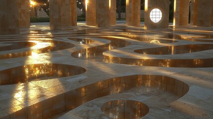 Fototapeta premium Golden Hour Water Maze Abstract Architectural Design