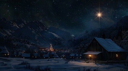 A shining star in the night sky above a snowy village scene.