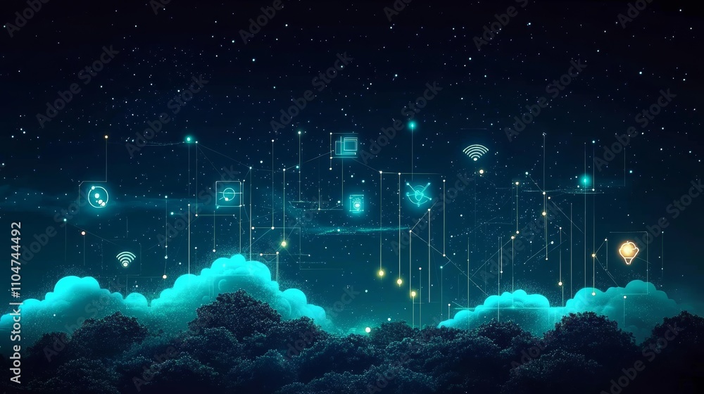 Poster futuristic cloud network digital illustration and cloud computing security with locks in a starry sk