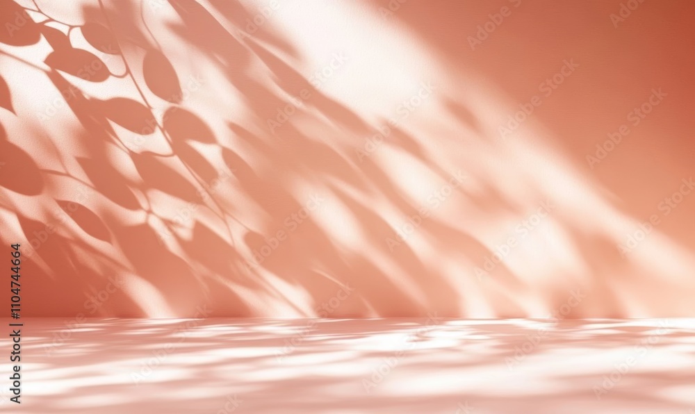Poster minimalist background image of soft peach wall with dappled sunlight and shadows for creative design
