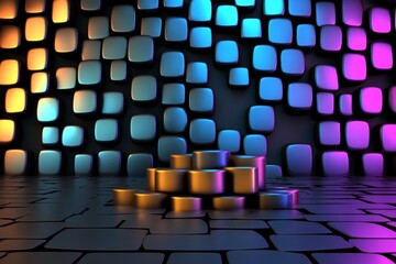 Fototapeta premium A pixel art depiction of bytes as glowing blocks transitioning through a retro-style grid, surrounded by colorful pixelated effects