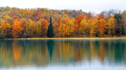 Obraz premium Autumnal lake reflecting colorful trees.