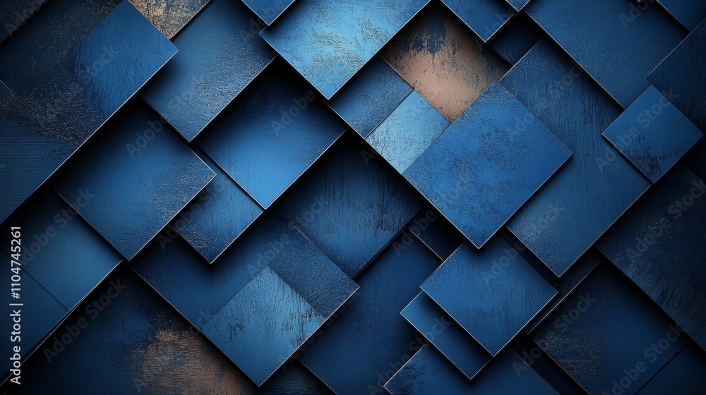 Poster abstract digital artwork of overlapping metallic panels in blue and gray with geometric patterns