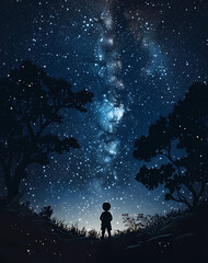 Fototapeta premium A boy stands in a field of grass looking up at the stars