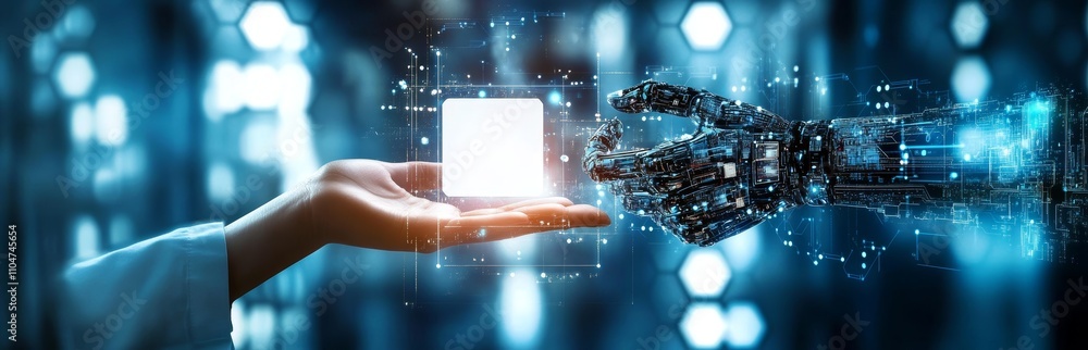 Poster human and robot hands interacting for medical data connection and enhanced patient treatment using a
