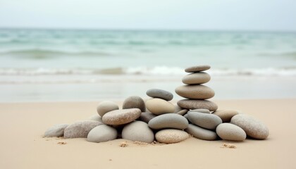  Peaceful beach scene with stacked rocks