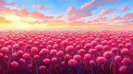 Fototapeta premium Pink Flower Field Sunset Serene Nature Landscape