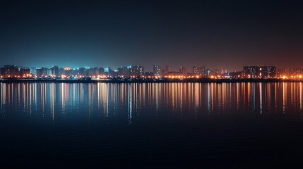 Obraz premium Beautiful night view of cityscape with skyscrapers. Light with reflection in the water.