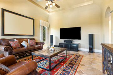 Cozy living room with modern decor and traditional accents in bright daylight