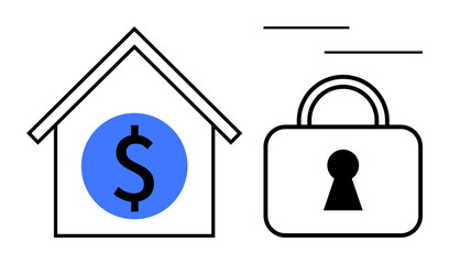 House with dollar sign symbolizing financial value and black padlock indicating security. Ideal for financial services, home insurance, real estate, savings, mortgage, risk management, investment