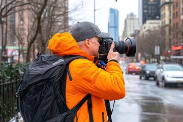 A street photographer capturing candid moments in a busy city, their camera angled upwards toward tall buildings