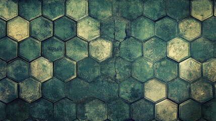 Weathered teal hexagonal tile pavement texture.