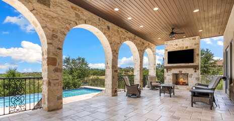 Elegant outdoor patio with pool view in a sunny location