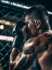 Intense MMA fighter preparing for match, showcasing determination and strength. fighter muscular physique and focus highlight competitive spirit of mixed martial arts