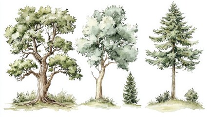 Watercolor Trees Collection Oak Fir Pine Spruce Deciduous Coniferous Landscape Elements