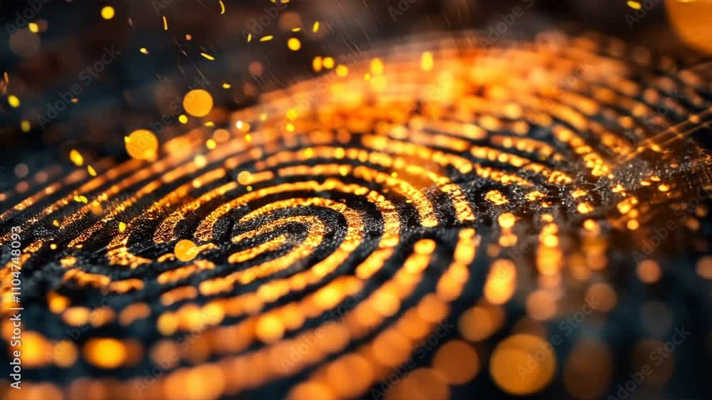 Poster close up of fingerprint with glowing particles exploring intricate patterns, evoking mystery and sec