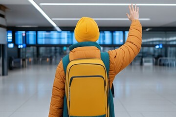 A warm photo of a person waving goodbye at an airport departure gate, surrounded by luggage