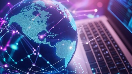 Obraz premium A digital illustration of a globe connected to a laptop, symbolizing global network and connectivity in business