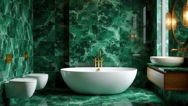 A polished look with green marble tiles creating a luxurious bathroom vibe