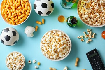 Soccer Snack Setup for Fans with Popcorn Chips Beer and Soccer Balls
